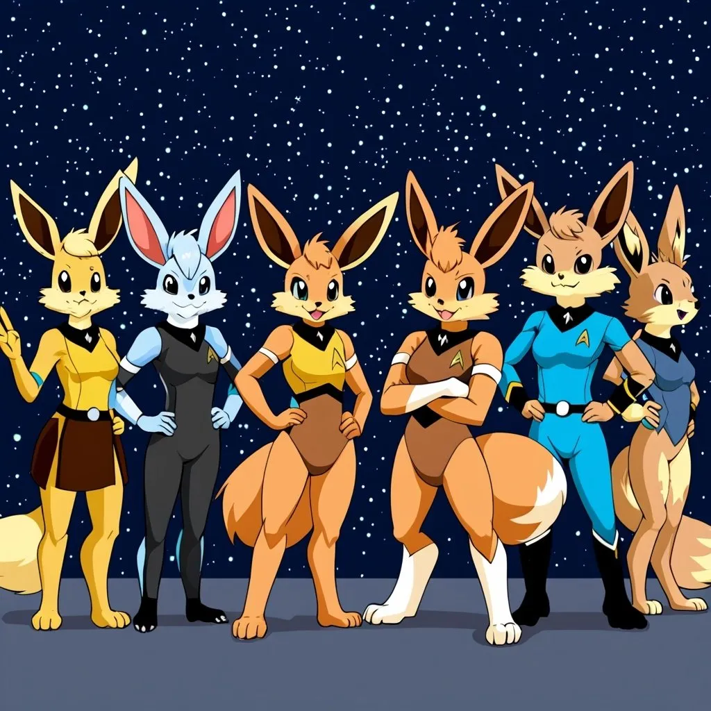 Prompt: The crew of star trek as anthro furry Eevee evolutions