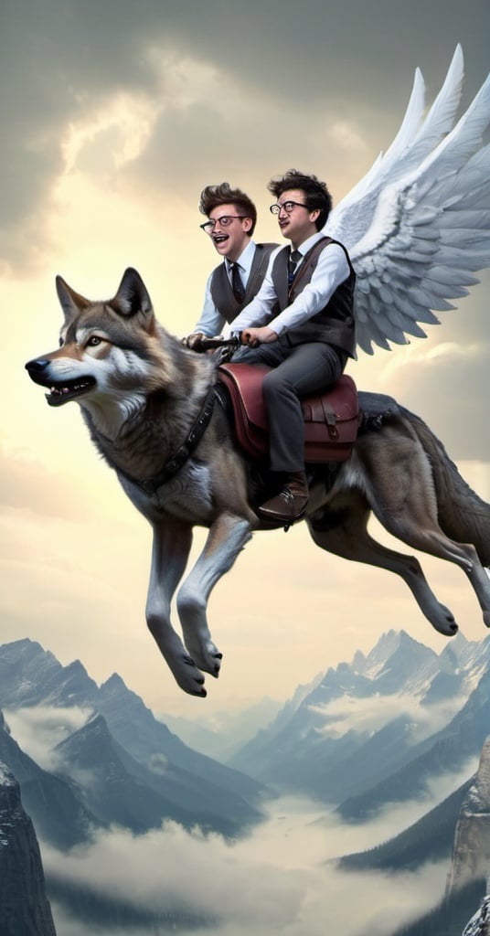 Prompt: Nerds riding on the back of a flying winged wolf