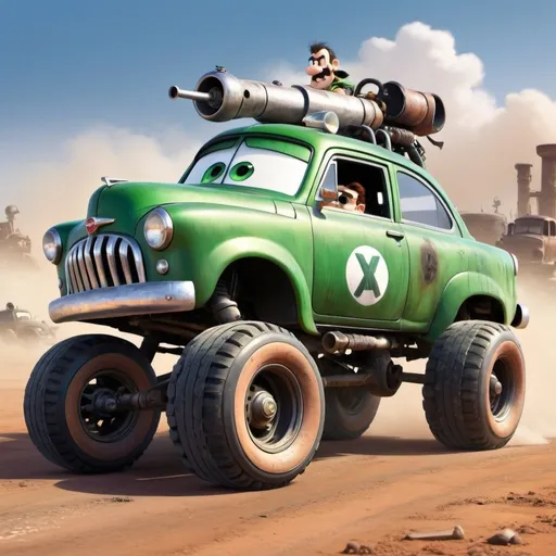 Prompt: Luigi (Pixar cars) mad max