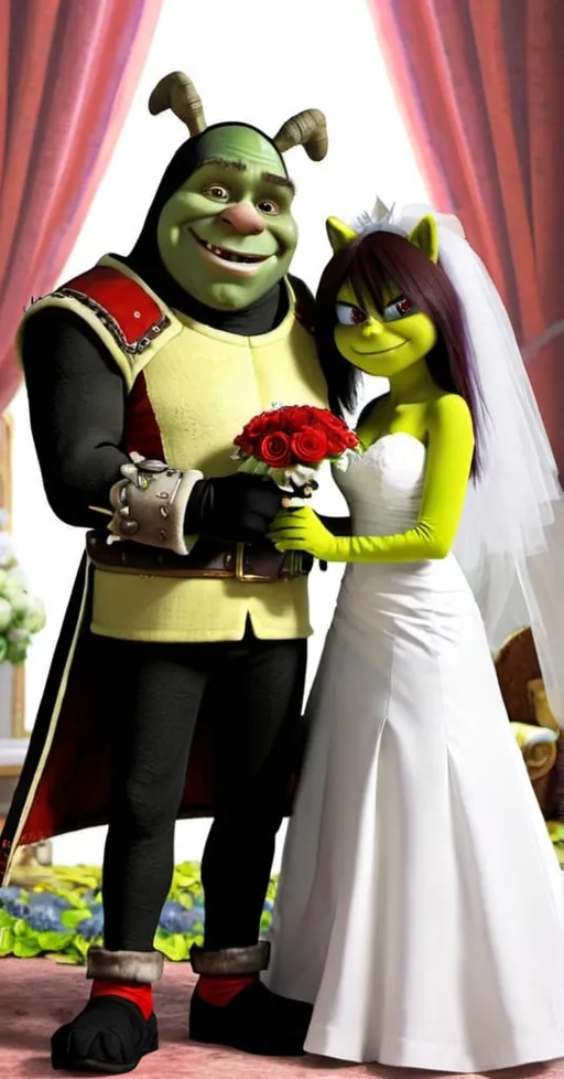 Prompt: Shrek and Shadow The hedgehog (from Sonic) getting married 