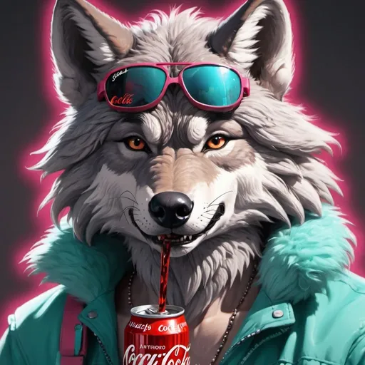 Prompt: Anthro furry wolf, stereotypical 80's, drinking New Coke