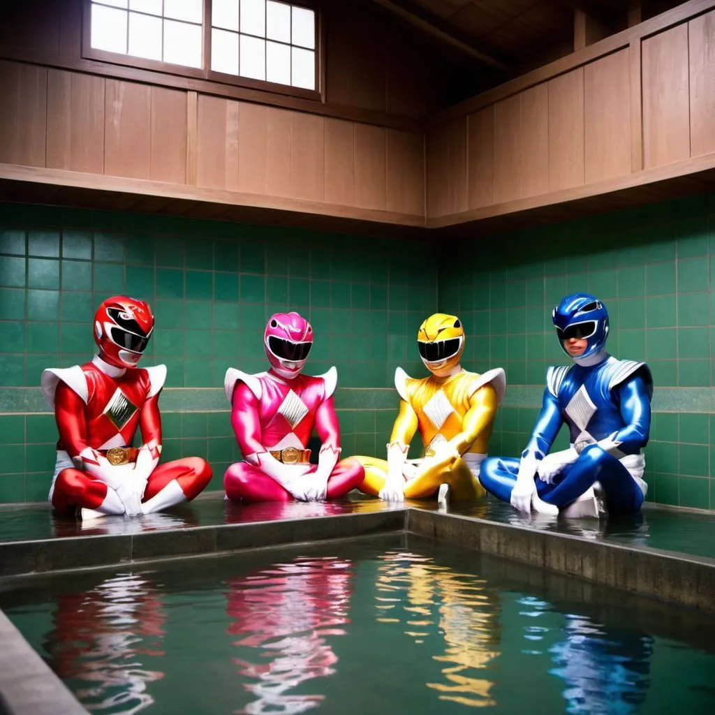 Prompt: Power rangers in Japanese bathhouse 