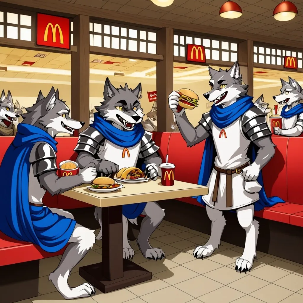 Prompt: Anthro furry wolves eating in a medieval McDonald's 