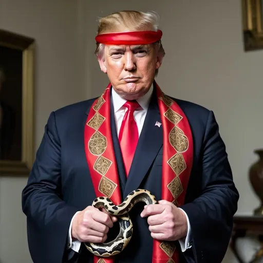 Prompt: Trump wearing sylithern robes and scarf, holding snake