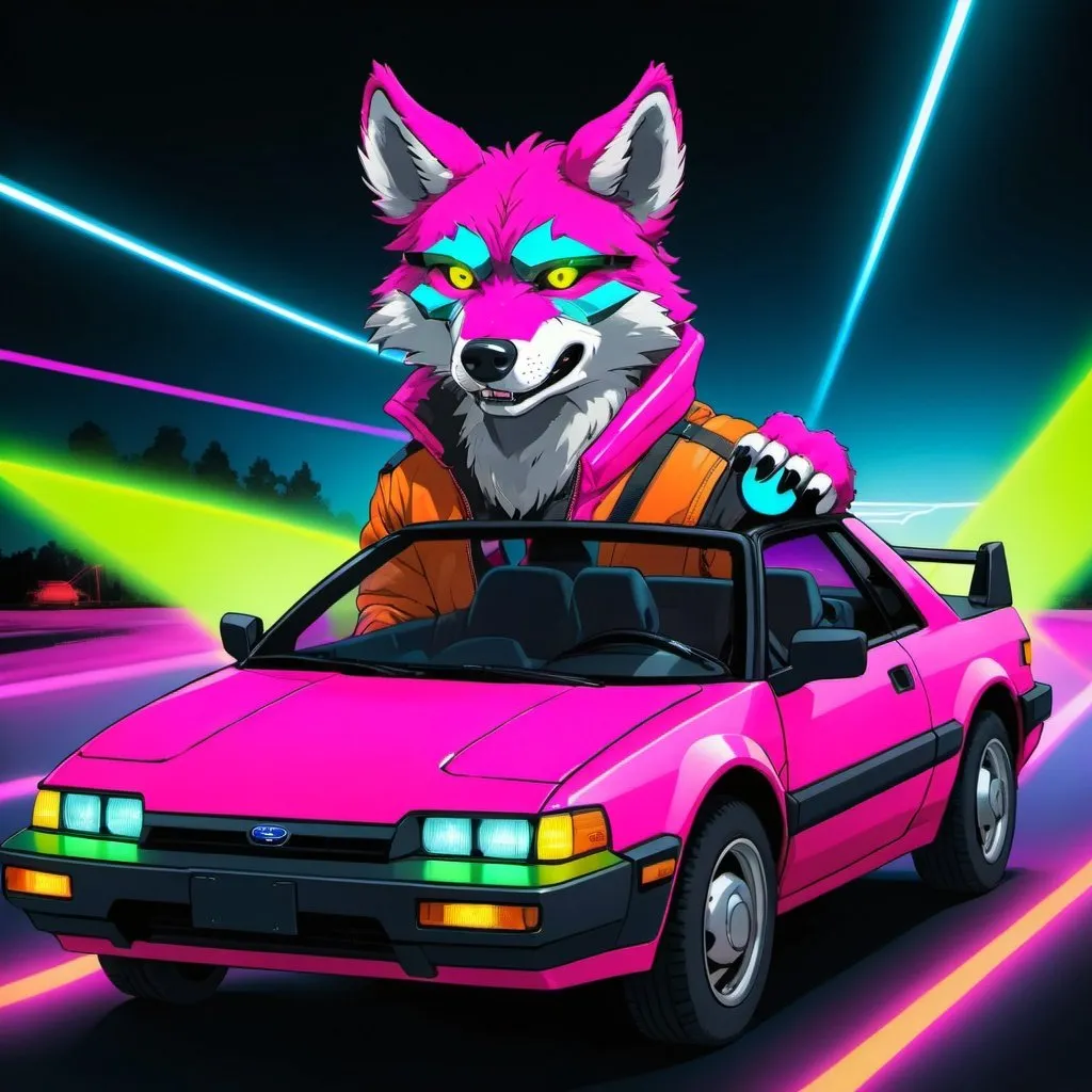 Prompt: Stereotypical 80's, anthro furry wolf driving a Subaru XT, neon, lasers