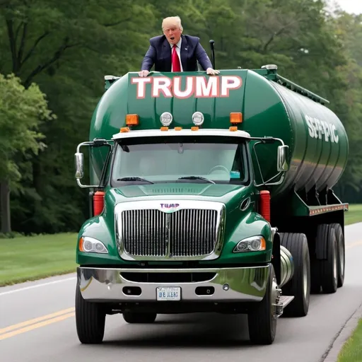 Prompt: Trump driving a convertible septic tank truck