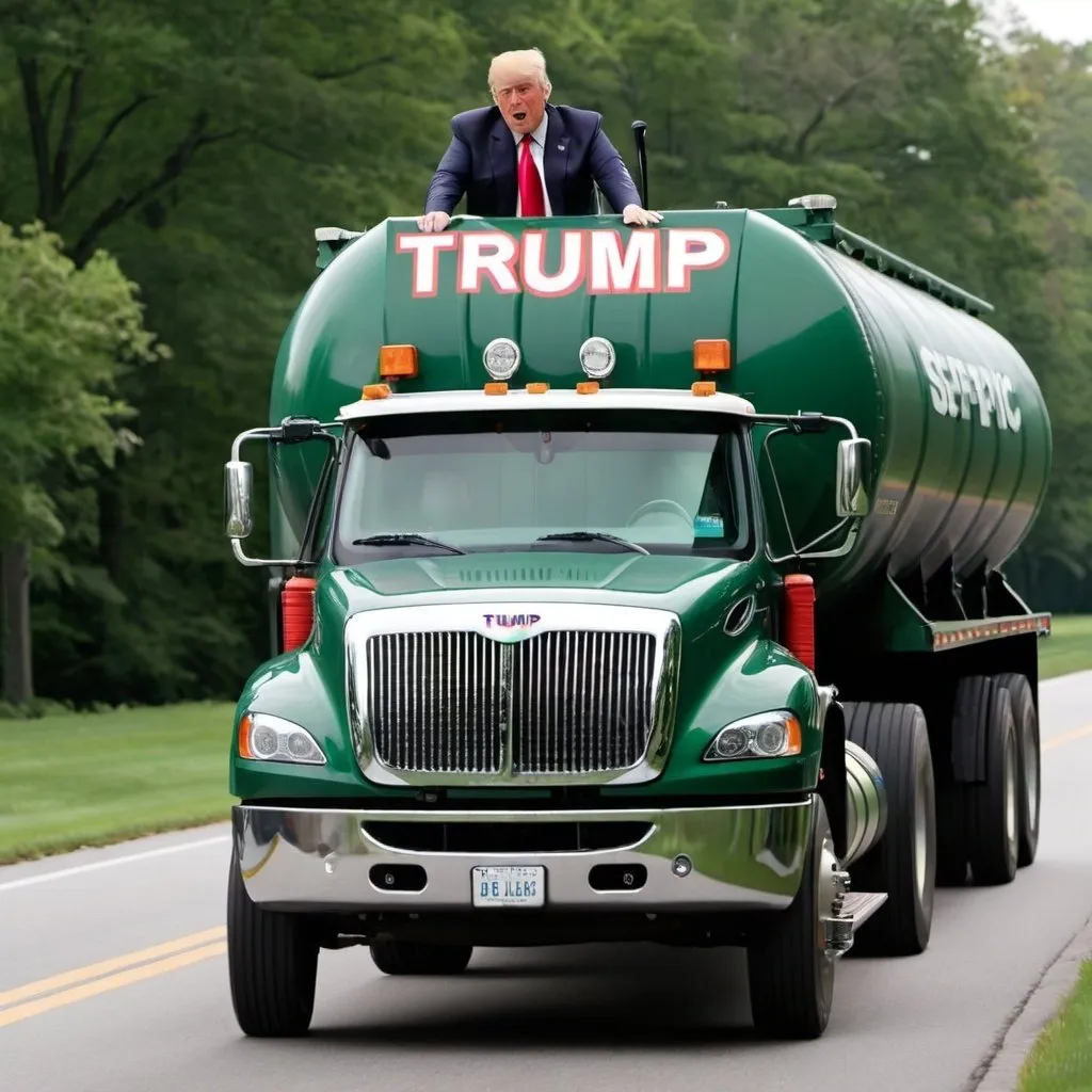 Prompt: Trump driving a convertible septic tank truck