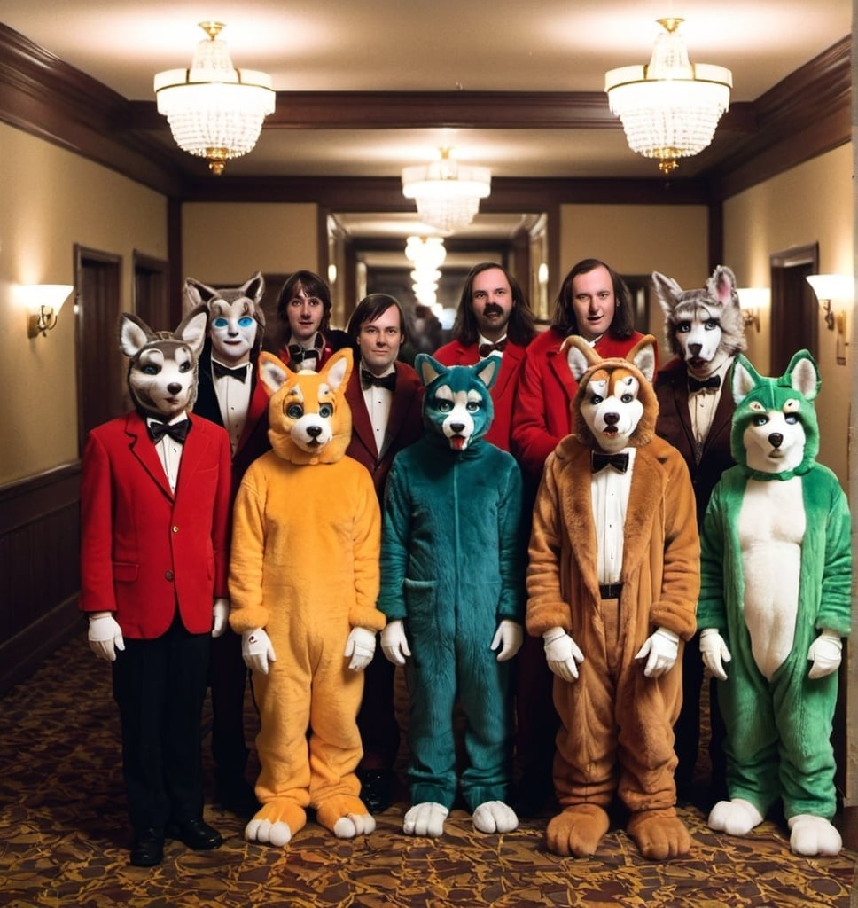 Prompt: a furry convention at the Overlook hotel (from the shining) fursuits.