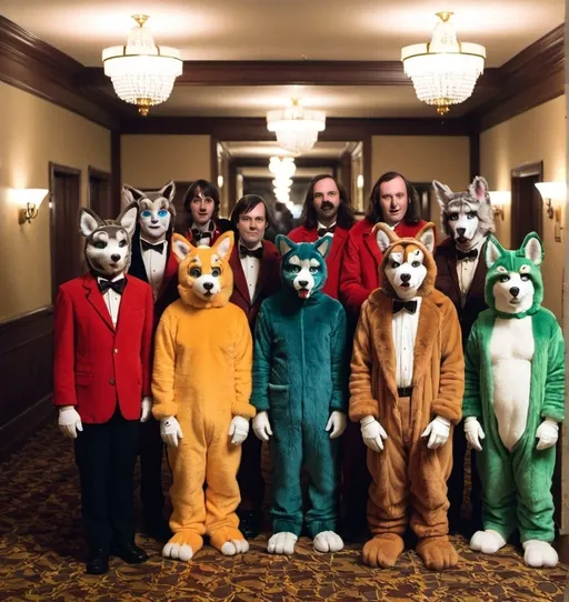 Prompt: a furry convention at the Overlook hotel (from the shining) fursuits.