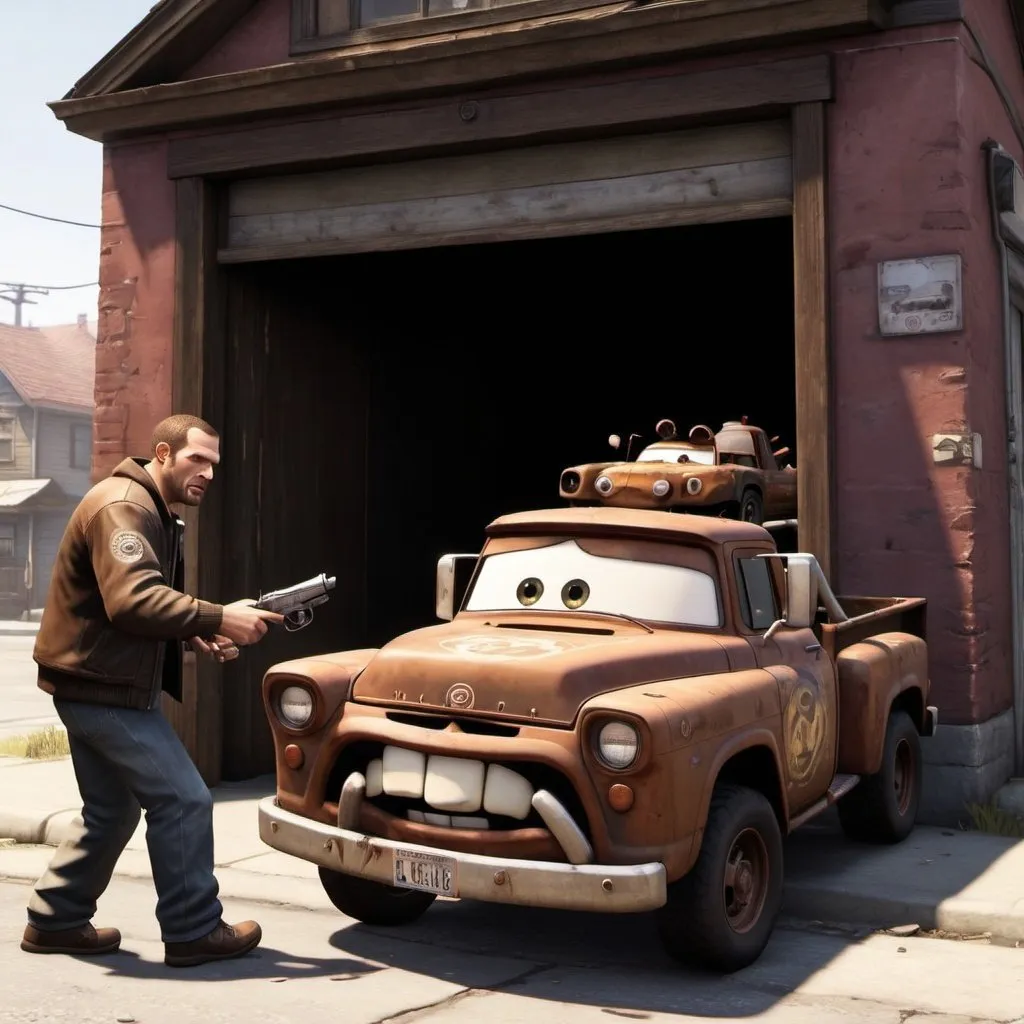 Prompt: Niko bellic stealing tow mater, open door