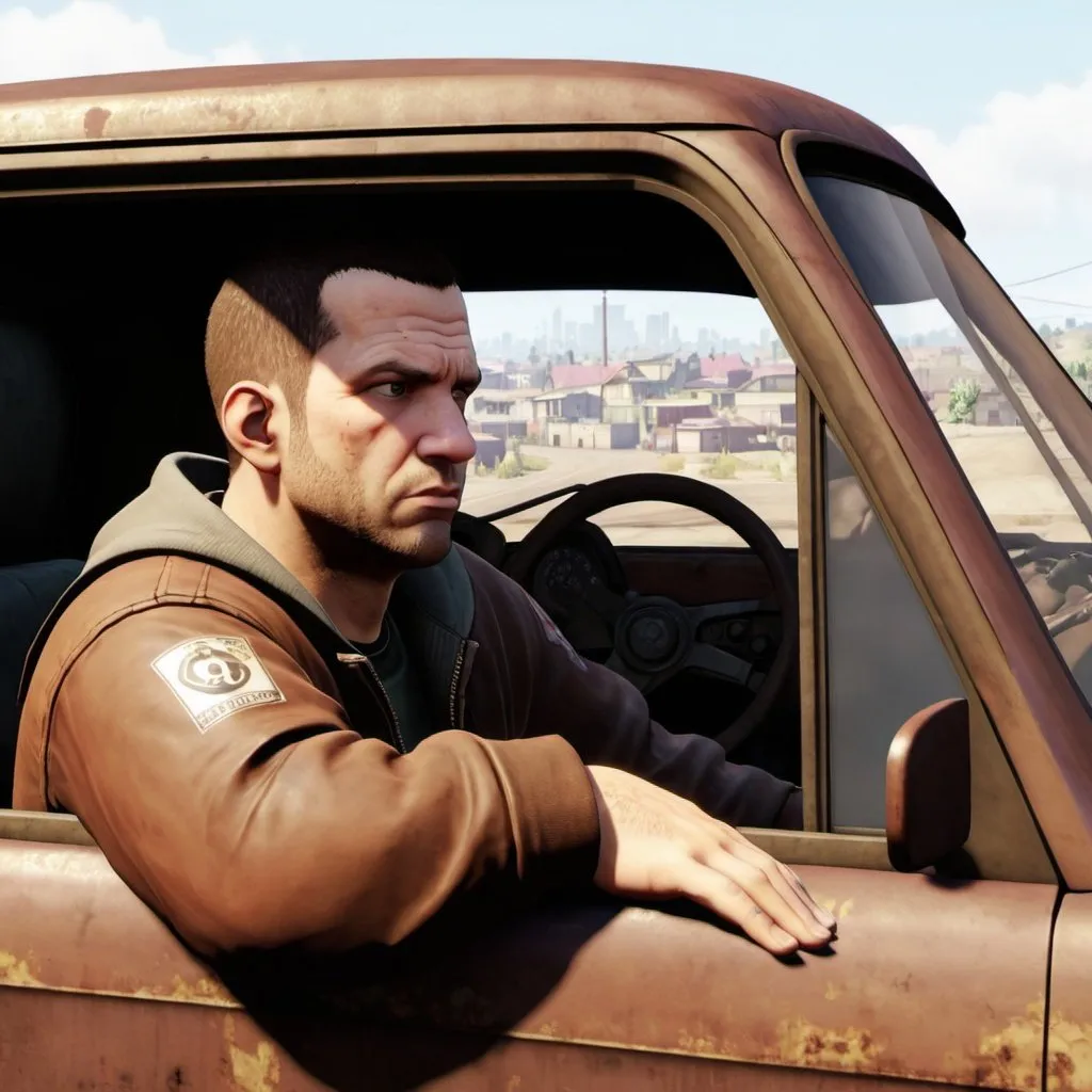 Prompt: Niko bellic drive tow mater, Niko bellic looking out window