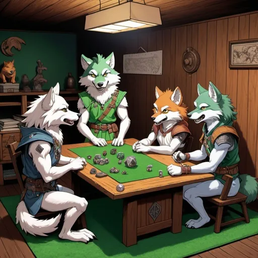 Prompt: Anthro furry wolves playing dungeons and dragons in an anime style, 1980's basement with wood paneling and green carpet 