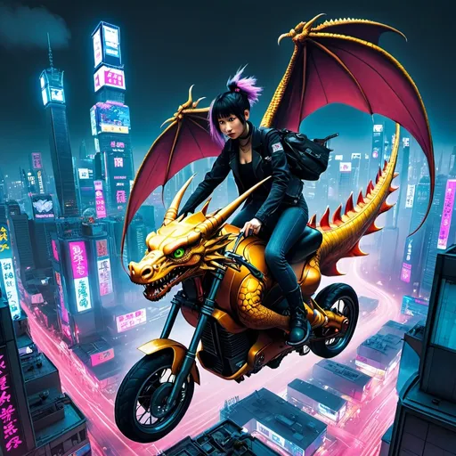 Prompt: Weeaboo riding dragon over cyberpunk city 