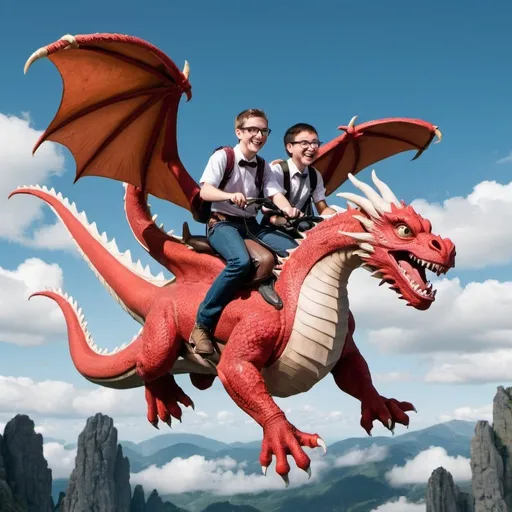 Prompt: Two nerds riding on a flying dragon 