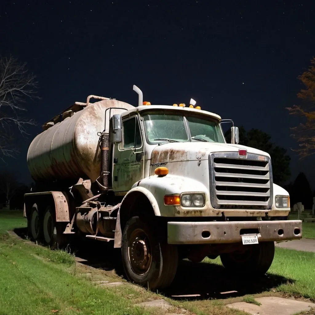 Prompt: Long Abandoned septic tank truck in cemetery at night, scary