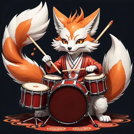 Prompt: A Nine tailed Kitsune playing a drum set with its tails, banging drums with tails