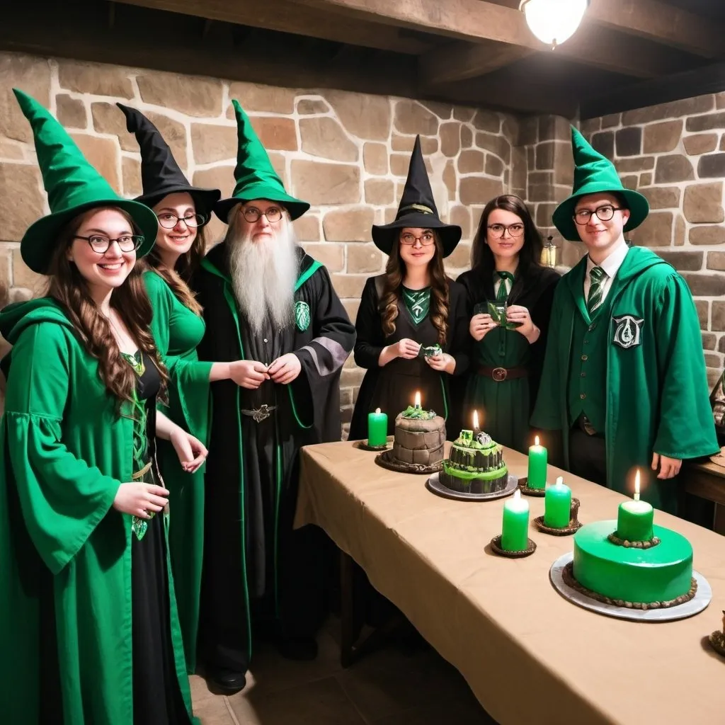 Prompt: Wizard themed Birthday party for adults nerds standing around, Slytherin, dungeon