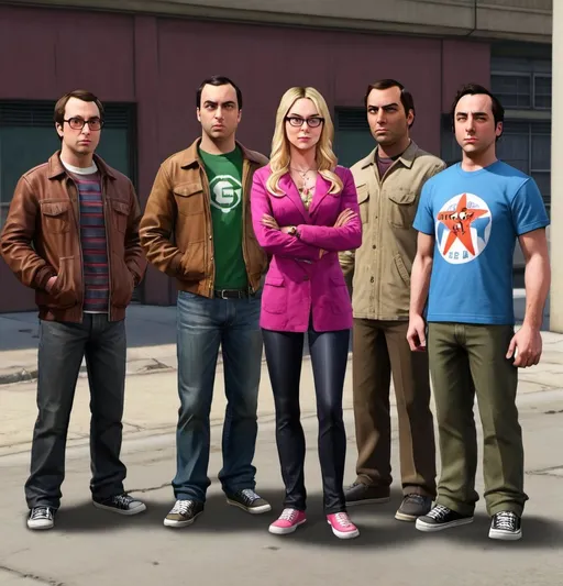 Prompt: Cast of the big bang theory in grand theft auto 