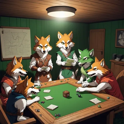 Prompt: Anthro furry nerdy wolves playing dungeons and dragons in an anime style, 1980's basement with wood paneling and green carpet, flooding basement 