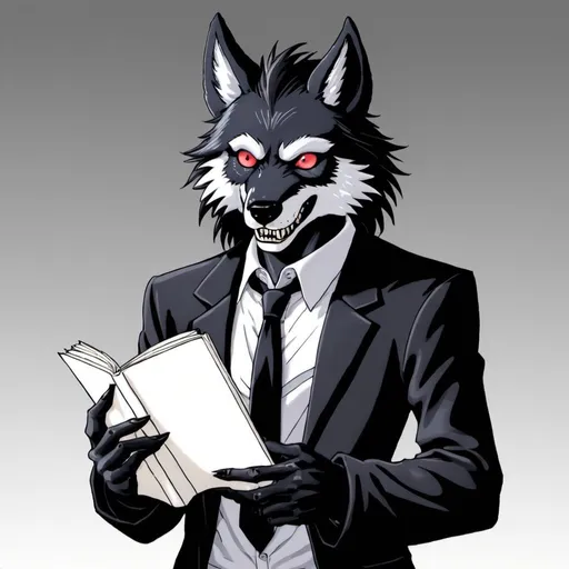 Prompt: Death note, kira as a furry wolf, holding death note