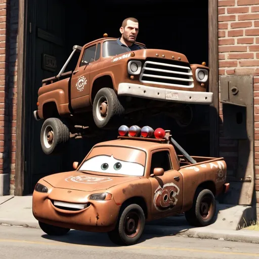 Prompt: Niko bellic stealing tow mater, open door