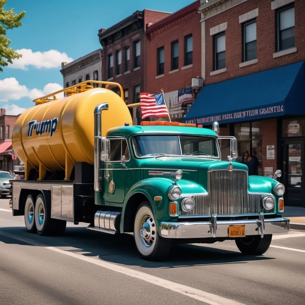 Prompt: Septic truck convertible with Trump in it. JFK Lincoln Continental vibes