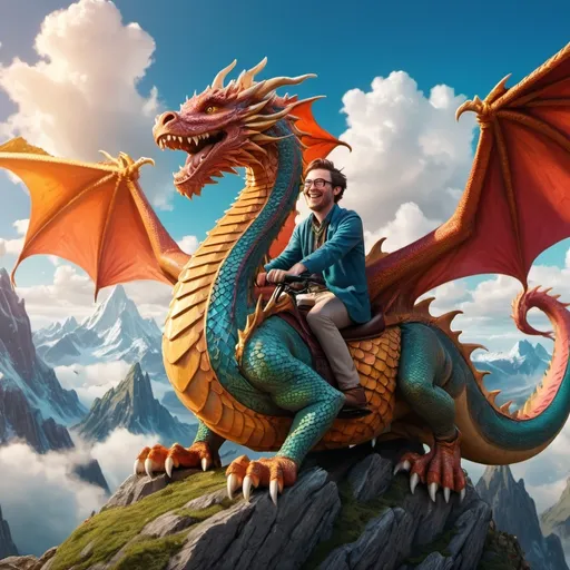 Prompt: Two nerds riding on a dragon