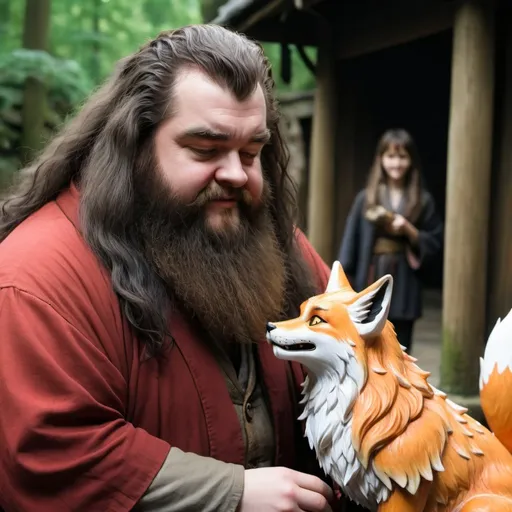 Prompt: Hagrid petting a Kitsune 