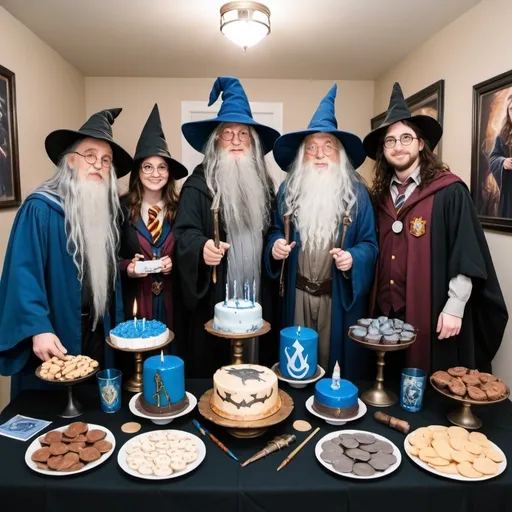 Prompt: Wizard themed Birthday party for adults nerds standing around, Harry Potter stuff, ravenclaw, gandalf, sorcerer's apprentice, Merlin 