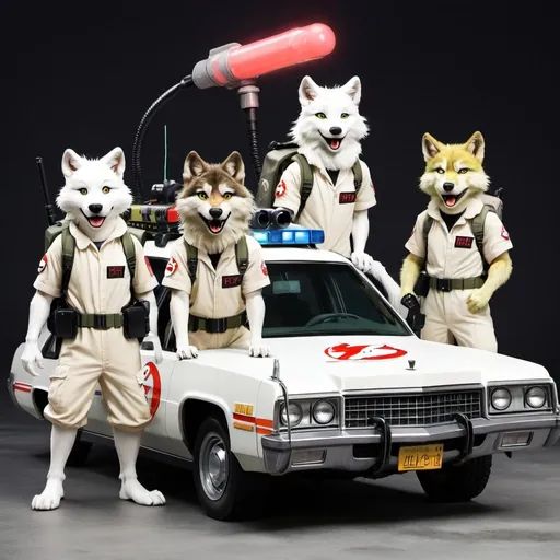 Prompt: Anthro Furry wolves as the Ghostbusters standing in front of ecto 1 in anime style