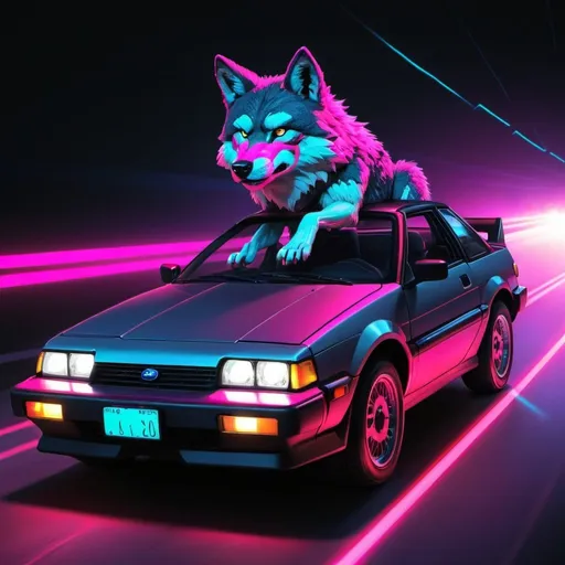 Prompt: Stereotypical 80's, anthro furry wolf driving a Subaru XT, neon, lasers