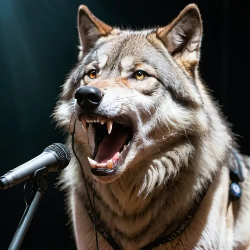 Prompt: Wolf standin on stage, open mouth, wearing headset mic