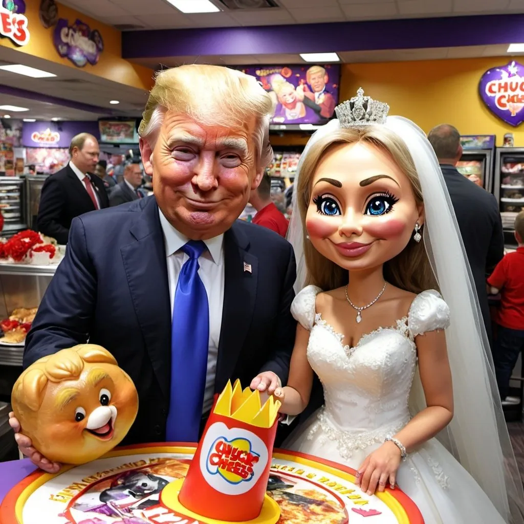 Prompt: Trump marrying Putin inside chuck e cheeses