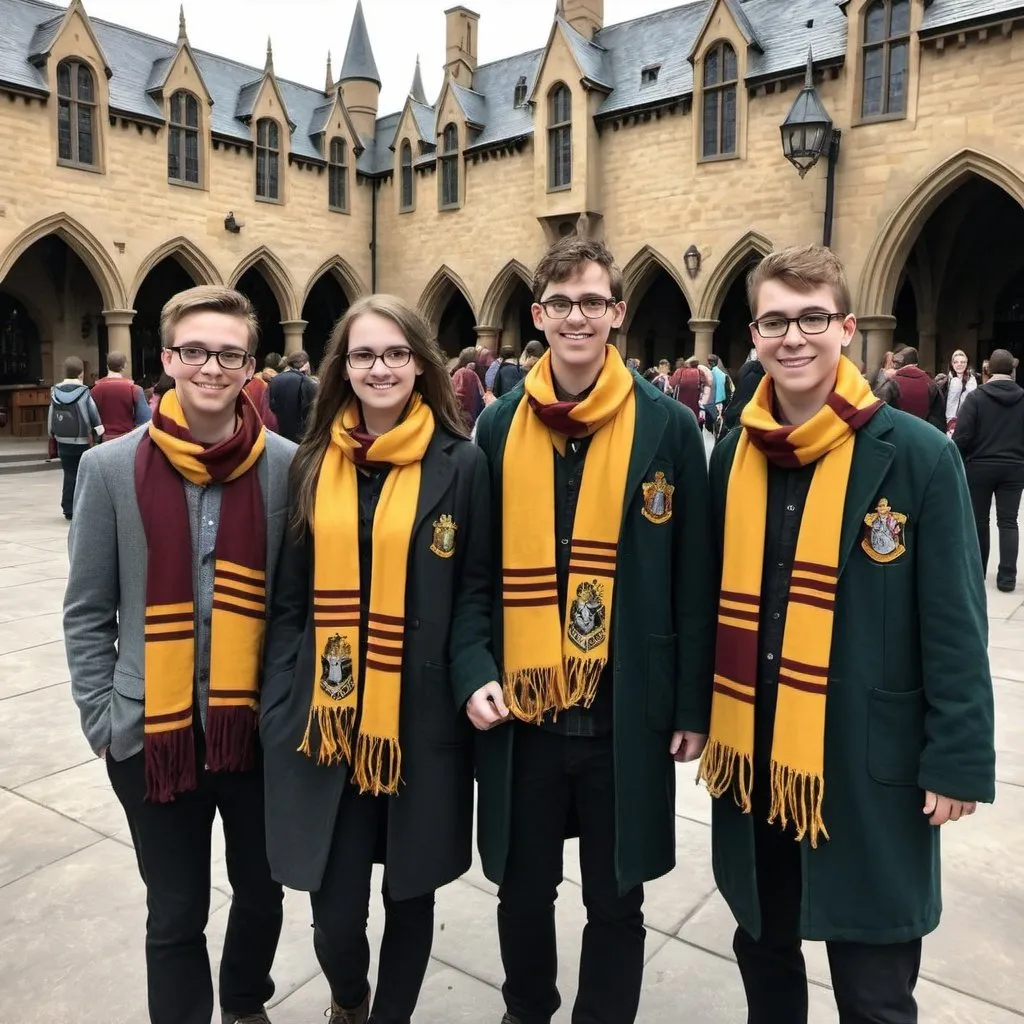 Prompt: Nerds walking around in Hogwarts, Racenclaw scarfs