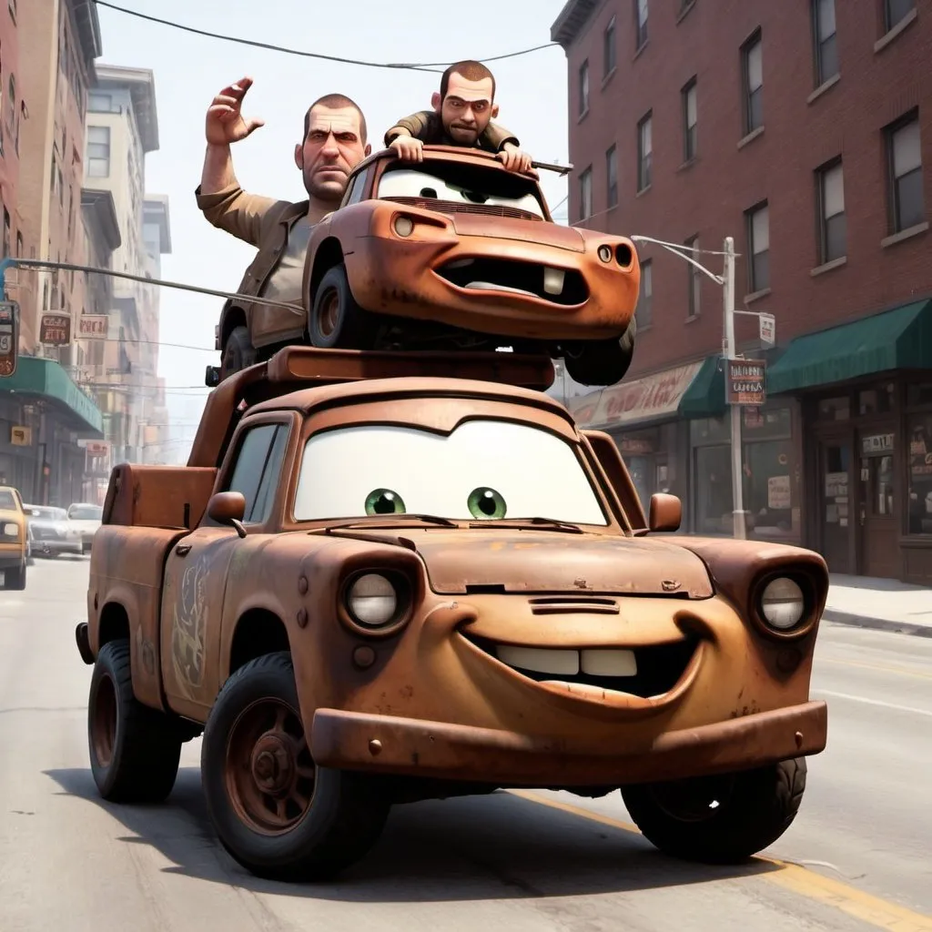 Prompt: Niko bellic stealing tow mater, driving tow mater 