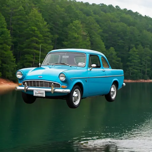 Prompt: Ford anglia flying over lake Lanier 