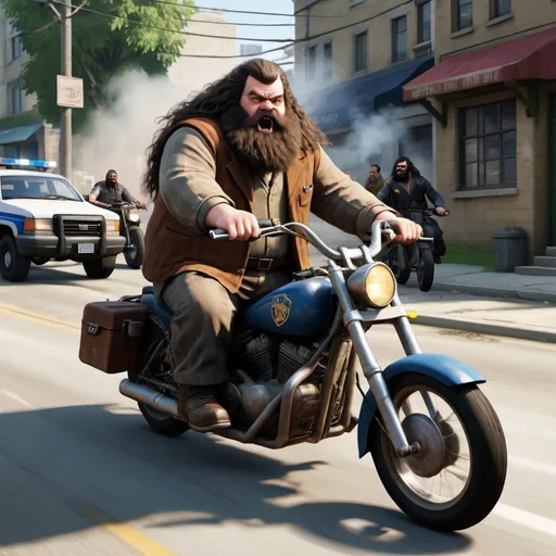 Prompt: Hagrid on motorcycle being chased by police, grand theft auto 