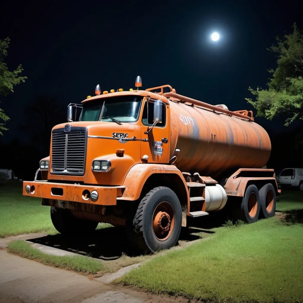 Prompt: Septic tank truck in grave yard, scary, spooky, night