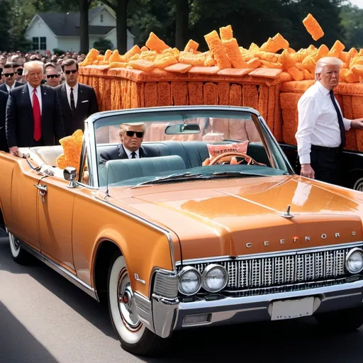 Prompt: Trump riding in JFKs 1963 Lincoln Continental convertible with Cheetos everywhere 