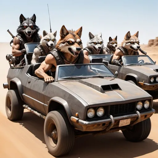 Prompt: Anthro furry wolves driving in max mad in anime style, fleet of mad max vehicles 