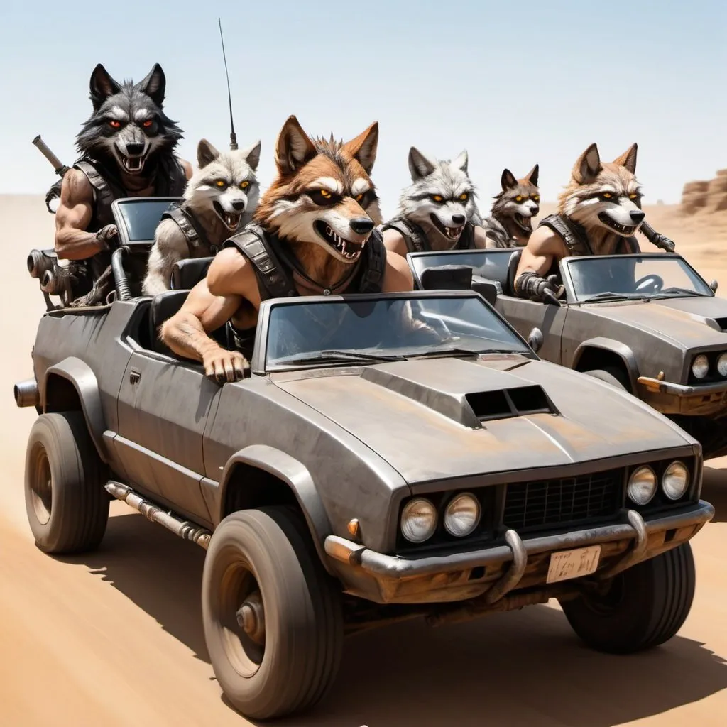 Prompt: Anthro furry wolves driving in max mad in anime style, fleet of mad max vehicles 