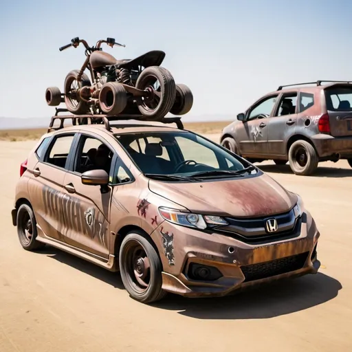 Prompt: 2019 Honda fit in mad max, rat rod, no hood, 