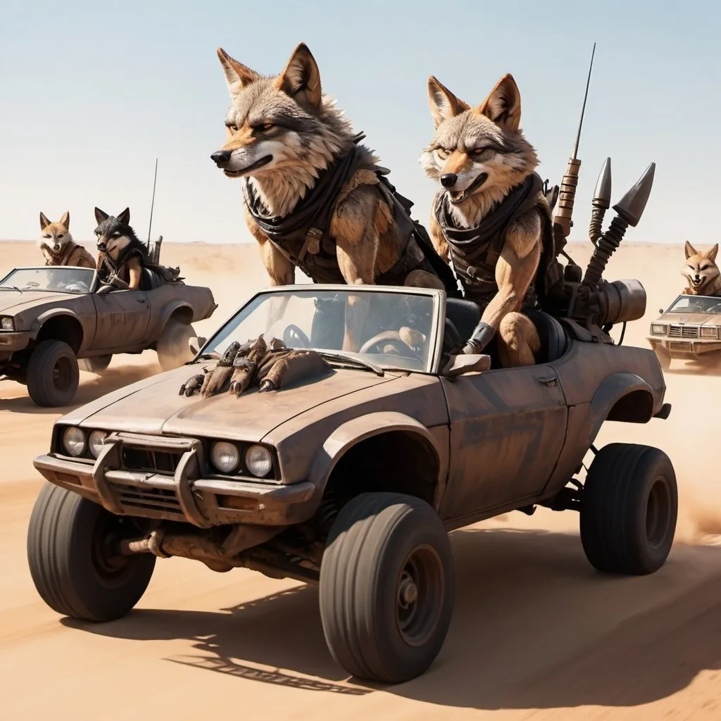 Prompt: Anthro furry wolves and coyotes driving in max mad in anime style, fleet of mad max vehicles 