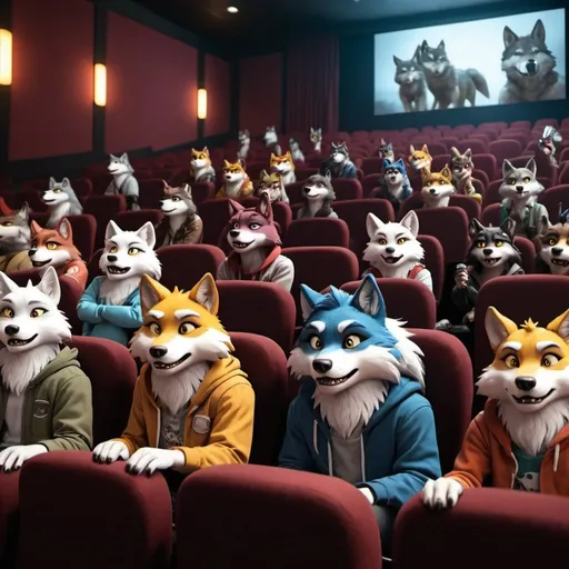 Prompt: A bunch of anthro furry wolf nerds watching anime in a movie theater, screen in view