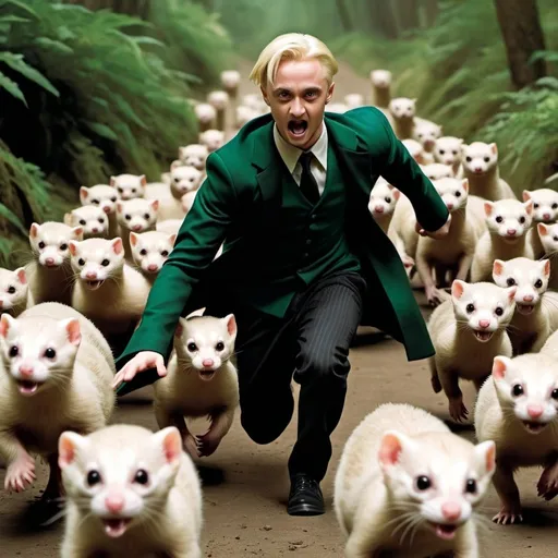 Prompt: Draco Malfoy being chased by a herd of ferrets