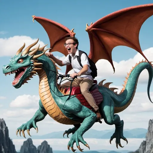 Prompt: Two nerds riding on a flying dragon 