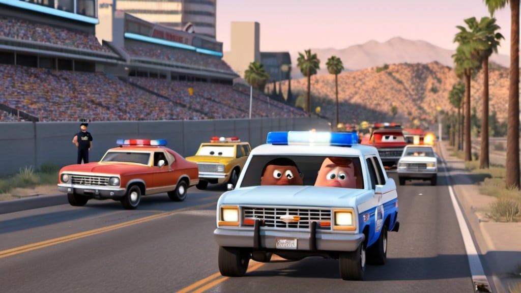 Prompt: Oj Simpson bronco police chase as Pixar cars