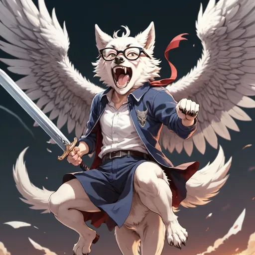 Prompt: Nerd riding a glasses wearing winged wolf while holding a sword and screaming from joy, anime