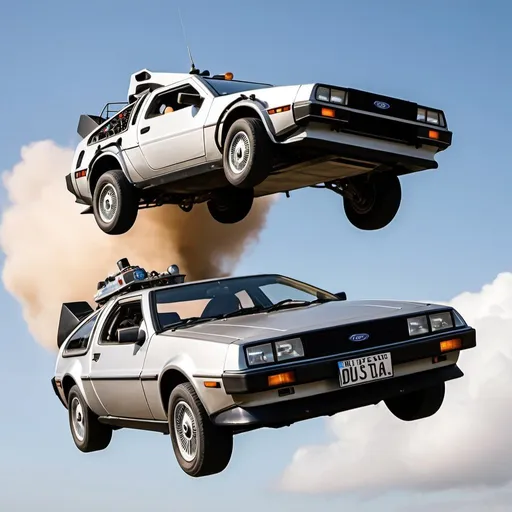 Prompt: Flying Delorean, Ford anglia having a mid-air dog fight. 