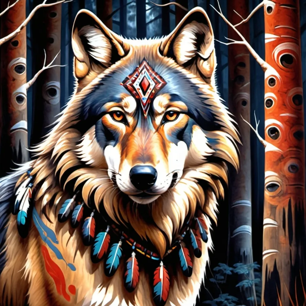 Prompt: Native American painting on a wolf